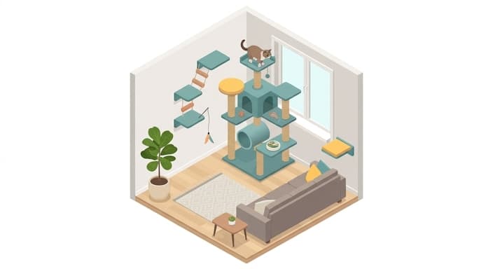 A cat perched high on a multi-level cat tree, surveying the room as part of vertical-territory enrichment.