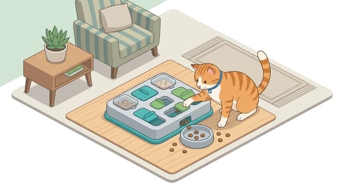 A cat engages with a puzzle feeder, nudging a lever to release kibble as part of a work-to-eat enrichment activity.