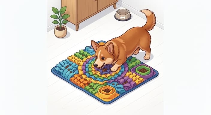 A dog uses a snuffle mat to forage for hidden kibble indoors.