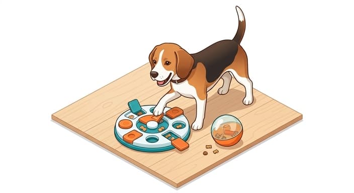 A dog engages with puzzle toys and a treat dispenser, illustrating indoor cognitive enrichment.