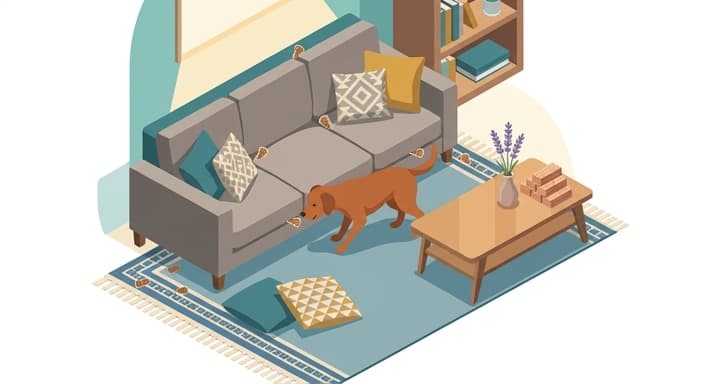 A dog exploring a living room with hidden treats for a 'find it' scent game.
