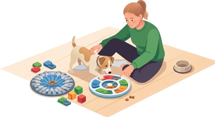 A dog participating in a short, structured enrichment activity such as puzzle feeding with a guiding human.