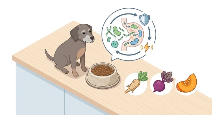 A senior dog with prebiotic-friendly ingredients and a microbiome illustration to highlight gut health in aging dogs.