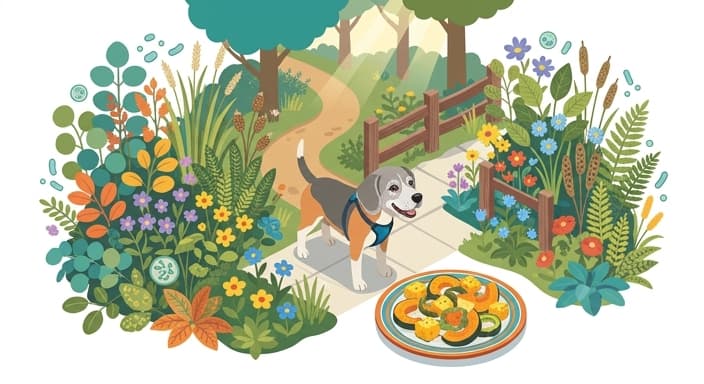 A senior dog in a garden-inspired scene with diverse squash varieties, illustrating how dietary diversity supports a resilient microbiome in aging dogs.