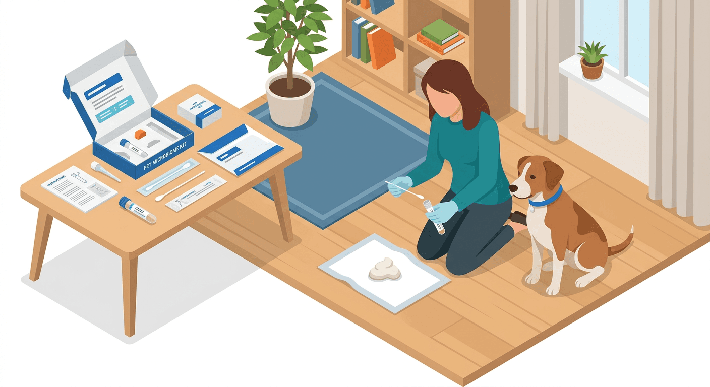 A dog owner collects a stool sample with a sterile swab for at-home microbiome testing.