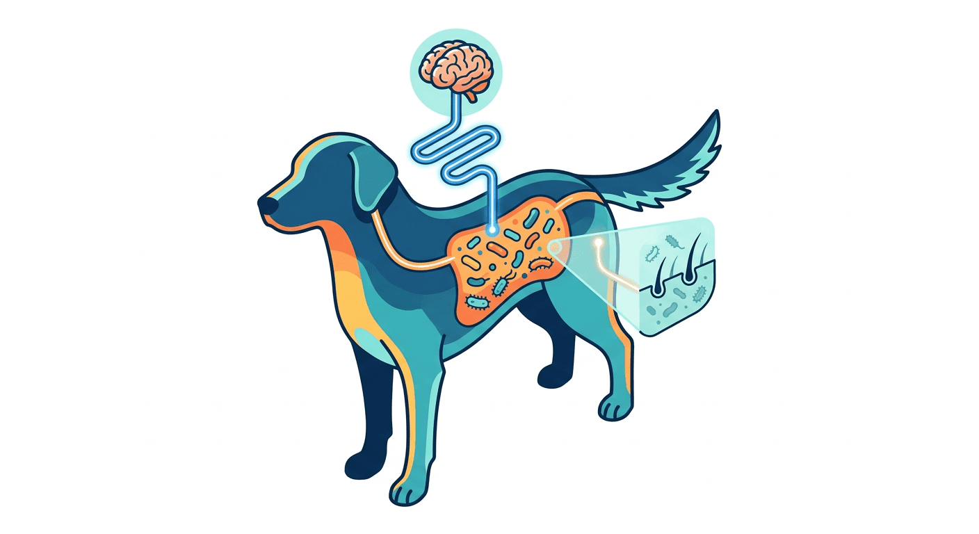 The gut-brain-skin axis is depicted with a dog showing the gut, brain, and nerve connections to illustrate how microbiota can influence digestion, behavior, and skin health.