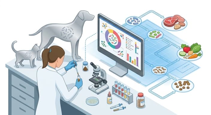 A veterinarian reviews a microbiome test to tailor a personalized nutrition plan for a pet.