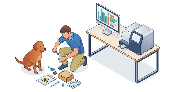 A dog owner collects a stool sample at home for microbiome testing while a lab workstation analyzes the sample.