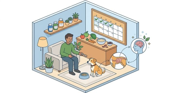 A dog owner gradually implements a long-term gut-health plan, using measured meals, limited supplements, and a progress plan to illustrate patient restoration.