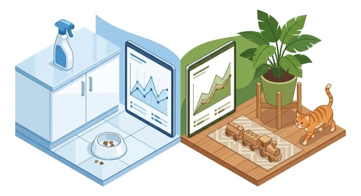 A home environment and data visuals show how environment and retesting inform microbial diversity and pet health decisions.
