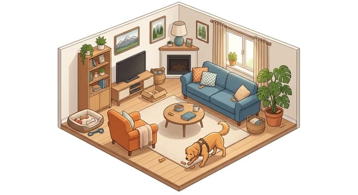 A dog noses along a living room as hidden high-value treats encourage foraging and scent work.