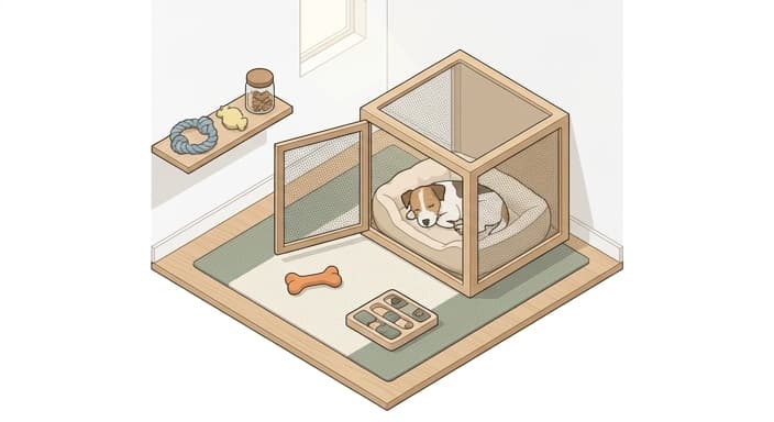 A dog resting in a den with a chew toy and a simple puzzle toy, illustrating a minimal, calming enrichment setup.