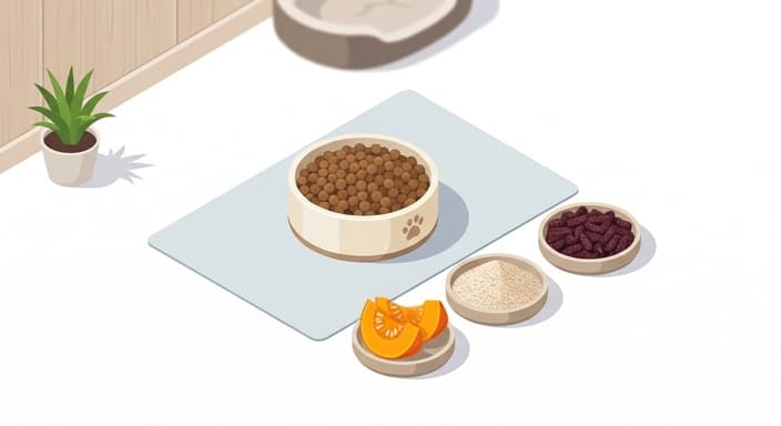 A pet meal is accompanied by pumpkin, psyllium husk, and beet pulp as natural fiber sources.