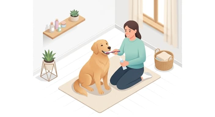 Owner demonstrates daily brushing of a dog's teeth as part of home dental care.
