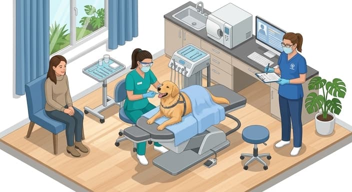Veterinarian supervises a non-anesthetic dental service in a clinic as an assistant performs the cleaning while the owner observes.