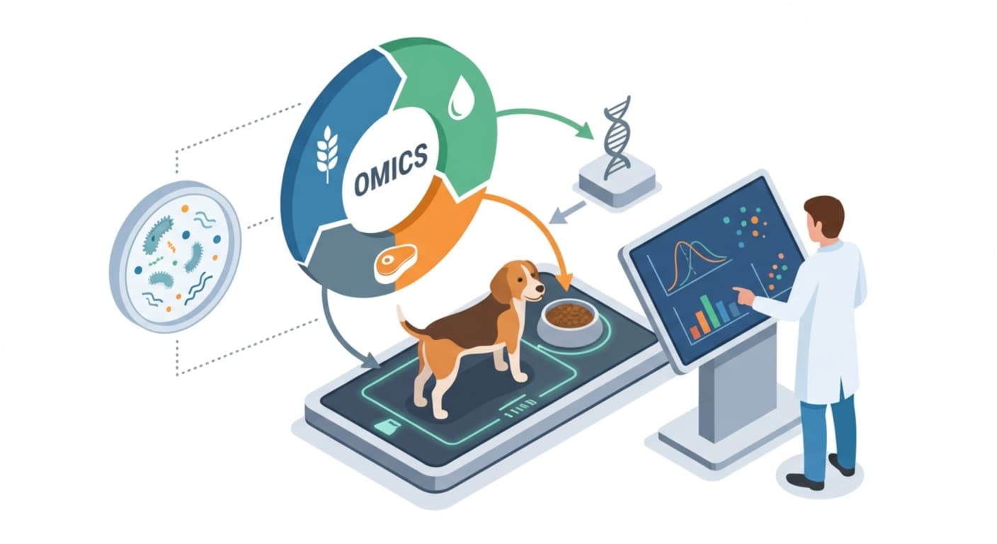 Biometric diet setup showing a dog guided by data-driven macronutrient adjustments and microbiome considerations.
