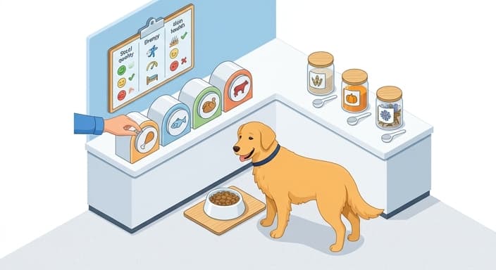 A dog’s feeding station showing rotating proteins and prebiotic fibers alongside a simple health-tracking chart.