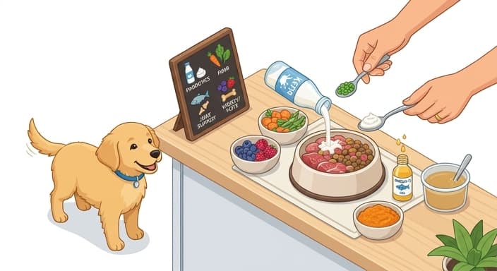 A pet parent adds microbiome-friendly toppers to a base diet to support a thriving, tailored canine microbiome.