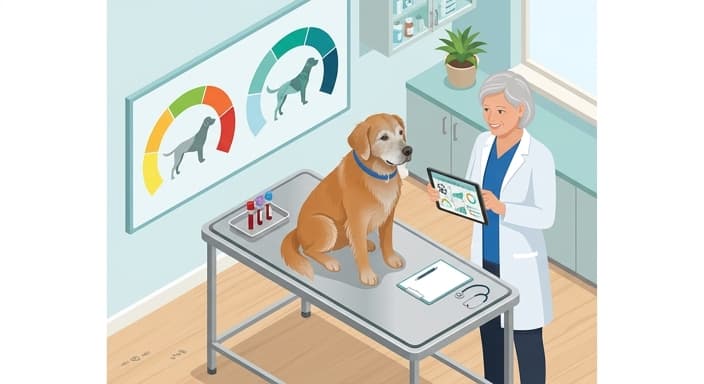 A veterinarian evaluates a senior dog's body condition and muscle health as part of a personalized nutrition plan.