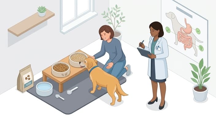 A senior dog's meal setup contrasts a hydrolyzed protein diet and proper hydration as part of a personalized plan.