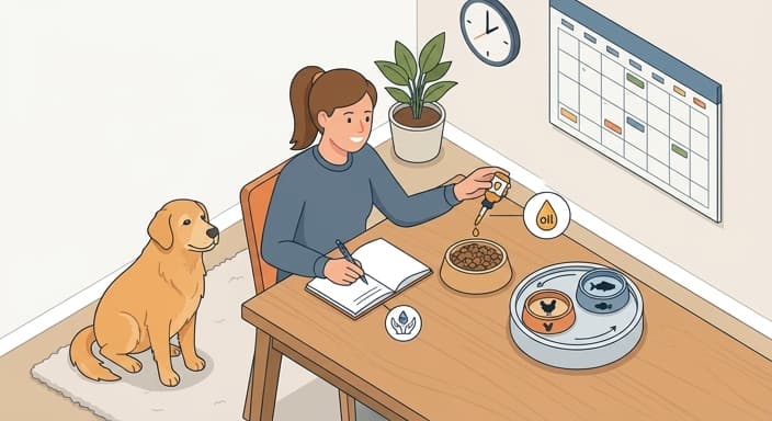 A caregiver tracks a senior dog's wellness at home while preparing meals with MCTs and rotating protein options.