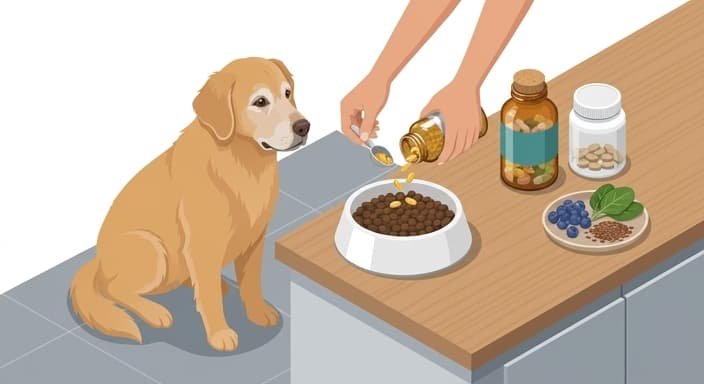 A senior dog waits as targeted supplements and nutrient-rich foods are added to its meal.