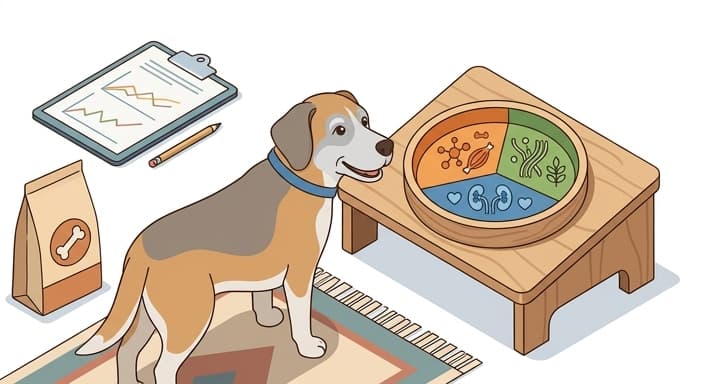 Senior dog with a multi-segment bowl illustrating balanced nutrition for protein, fiber, and kidney support.
