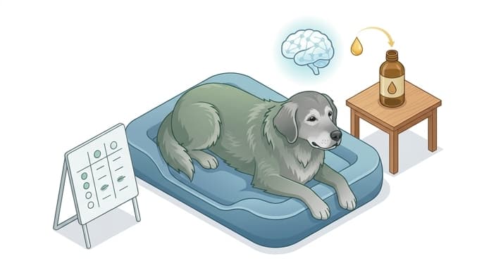 Dog and brain-focused nutrition scene showing MCTs integrated into a personalized plan for cognitive support.