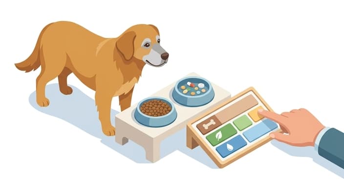 A senior dog at a customized meal station with supplements and a nutrition board, illustrating personalized nutrition in aging.