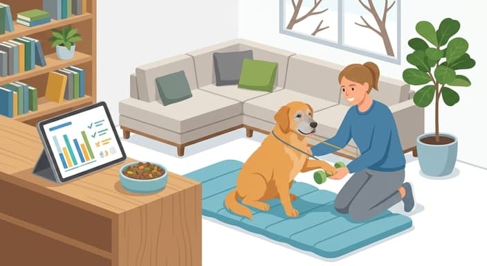A senior dog and caregiver engaging in gentle home exercise while a nutrition-monitoring plan hints at protein-focused diet adjustments.