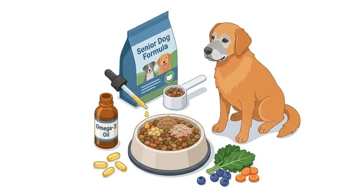 Senior dog with a nutrient-dense meal and omega-3 oil supplement illustrating a personalized plan for a reduced appetite.