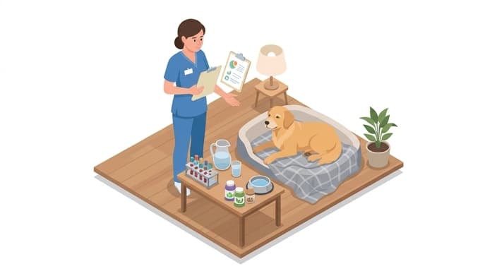Vet guided monitoring scene showing hydration and supplementation as part of iterative nutrition adjustments for a senior dog.