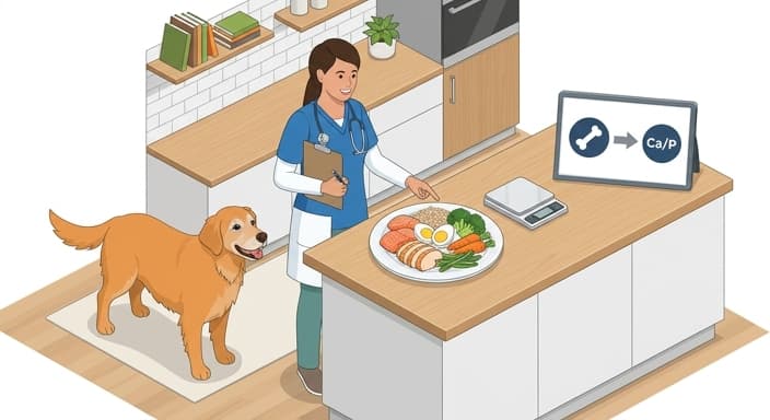 A senior dog with a plate of fresh whole foods as a clinician adjusts the protein-to-mineral (phosphorus) ratio.