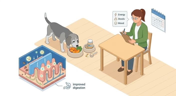 Gut health is addressed with added fiber and probiotics, guided by stool quality and energy monitoring in a senior dog.