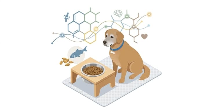 Senior dog beside an omega-3–enriched meal setup, illustrating targeted nutrition for inflammation and cognitive support.