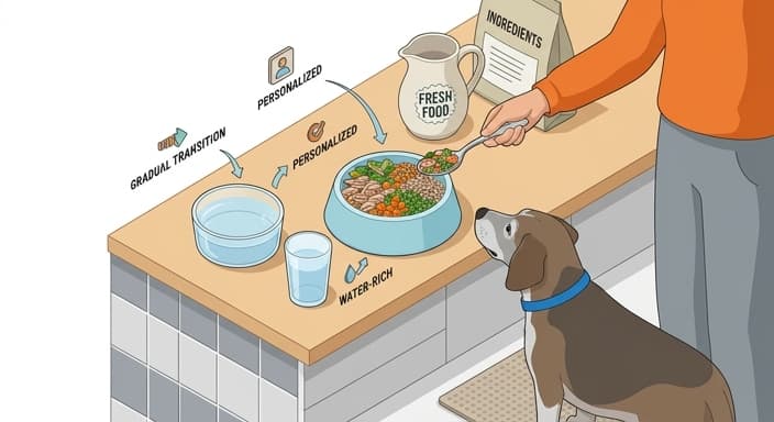 Senior dog approaching a fresh-food meal with ample hydration, representing a sustainable transition to a personalized diet for seniors.