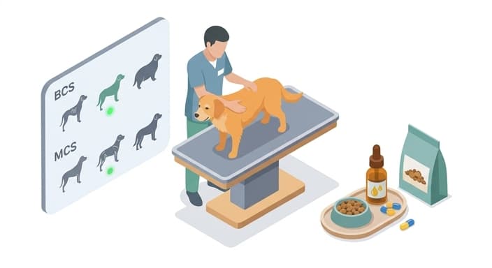 A veterinarian assesses an elderly pet's body condition to tailor a personalized meal plan.