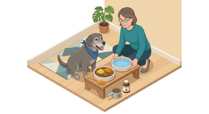 A senior pet enjoys a meal topped with appetizing toppers while staying hydrated.