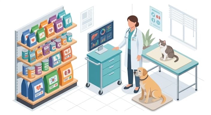 A veterinarian reviews blood test data and selects a senior diet from a shelf tailored to kidney or metabolic needs.