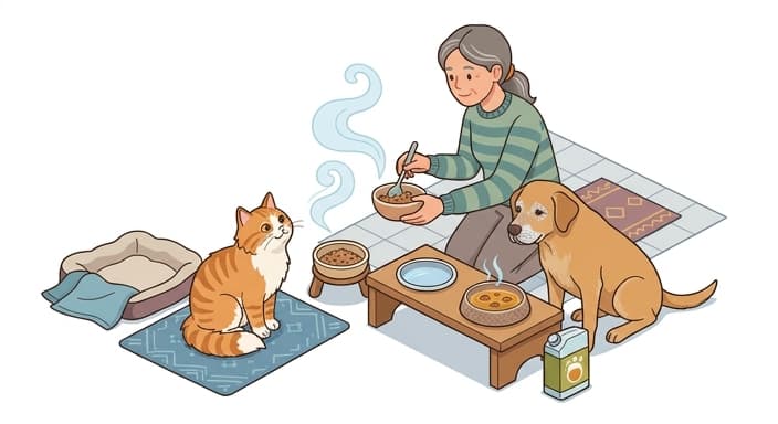 A senior cat and dog at mealtime cues, with warming and texture changes helping overcome picky eating as part of a personalized plan.