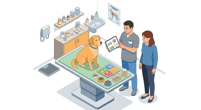 A veterinarian reviews diagnostic data with a senior pet to tailor a personalized nutrition plan.
