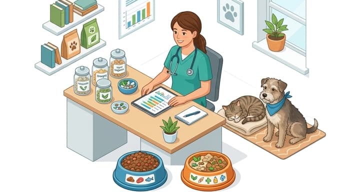 A veterinary nutritionist designs a senior-pet diet with protein-rich ingredients and targeted nutraceuticals.