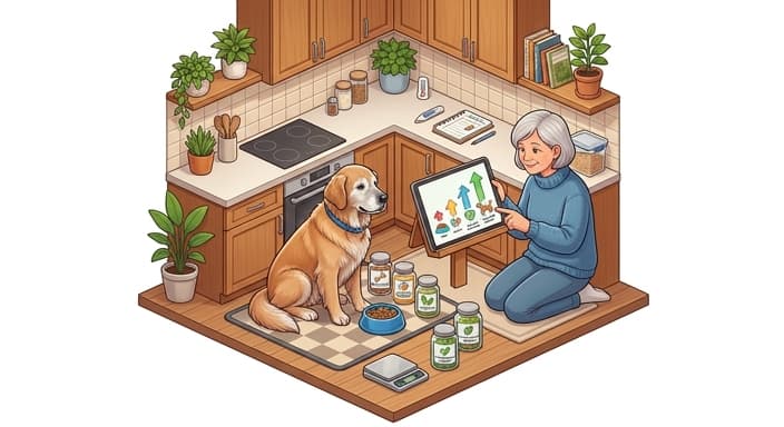 A caregiver implements a gradual, phosphorus-conscious diet plan at home for an aging pet.