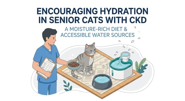 Senior cat hydration-focused meal setup to support kidney health.