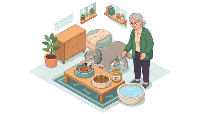 Hydration-friendly meal setup showing mixed wet and dry foods and added broth for a senior pet.