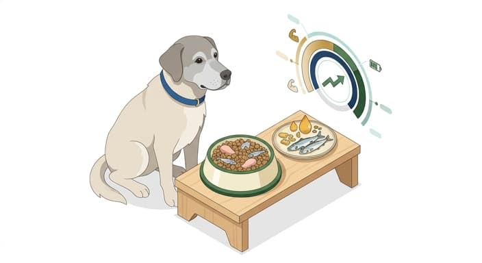 A senior dog is served a protein-forward meal with omega-3 fats to support lean body mass.