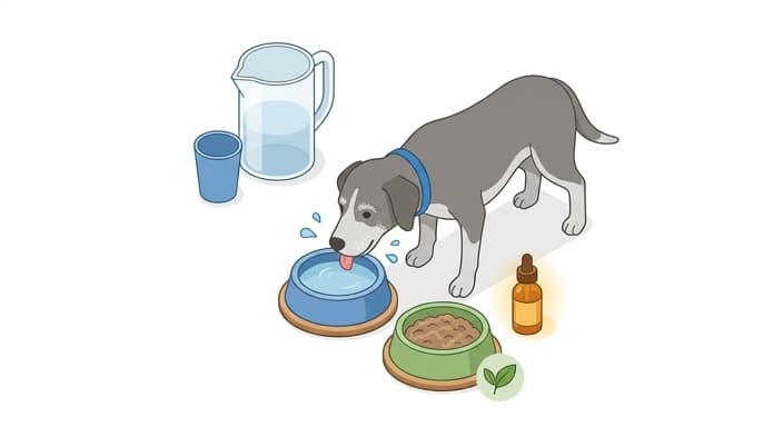 Hydration and digestibility are prioritized with wet food and water, alongside antioxidant-friendly supplements for a senior pet.
