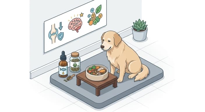 A home-prep scene shows fish oil and algae supplements beside a senior pet’s meal to illustrate anti-inflammatory, nutrient-dense nutrition.