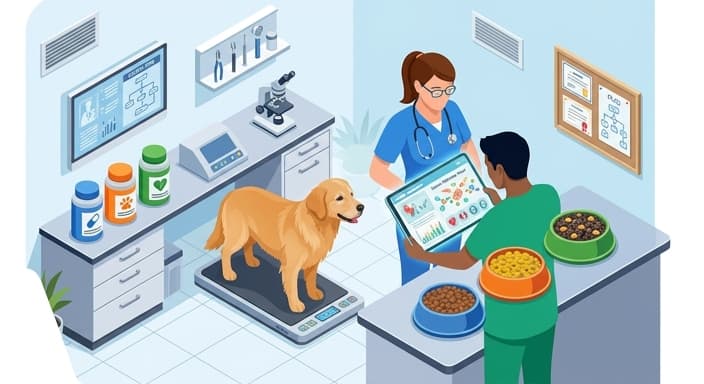 A veterinarian uses blood-work results to tailor a senior pet's nutrition, pairing antioxidant-rich foods and supplements with personalized feeding options.