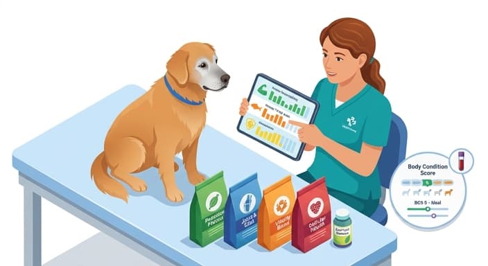 A clinician reviews a senior dog's personalized nutrition plan, highlighting targeted protein, omega-3s, and antioxidants based on blood work and body condition.